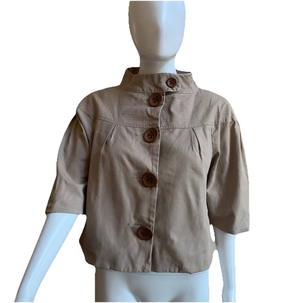 Emphasis Pink Beige Denim short sleeved jacket stand up collar large‎